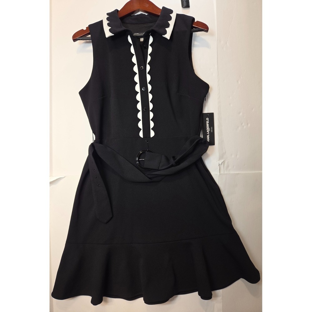 Karl Lagerfeld Paris,black dress,NWT,belted,size 10,scalloped design on collar.